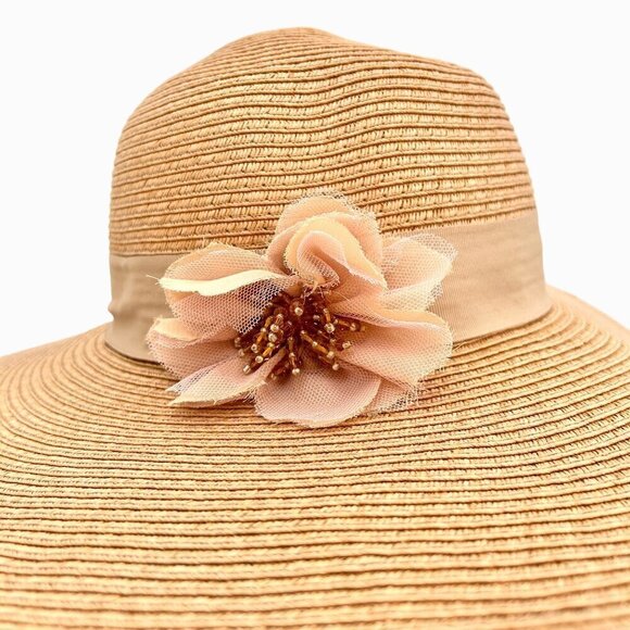 AUGUST HAT COMPANY FLOPPY SUN, DERBY, CHURCH STRAW HAT W/ BEADED FLOWER - Picture 2 of 7